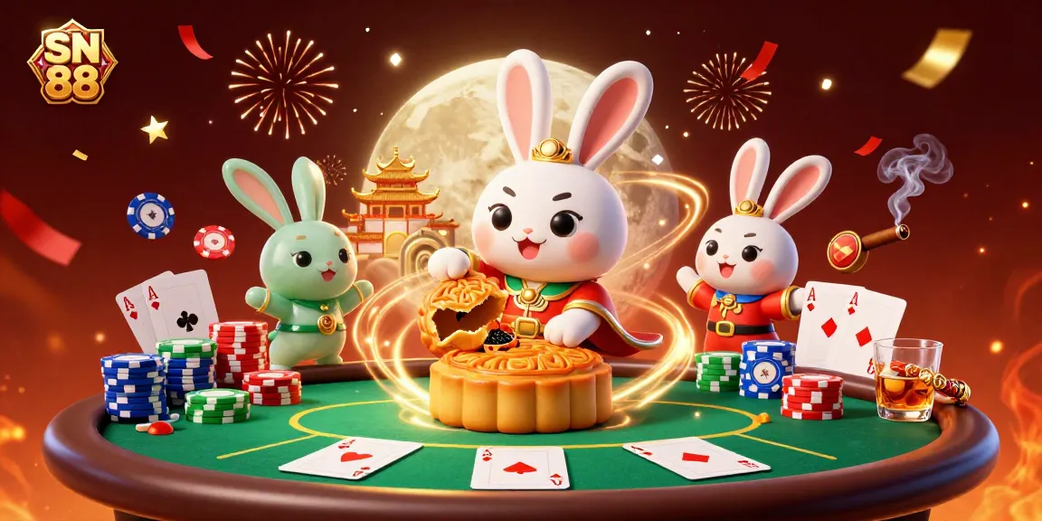 Experience SN 88's thrilling gambling scene with moon rabbit characters and vibrant poker elements.