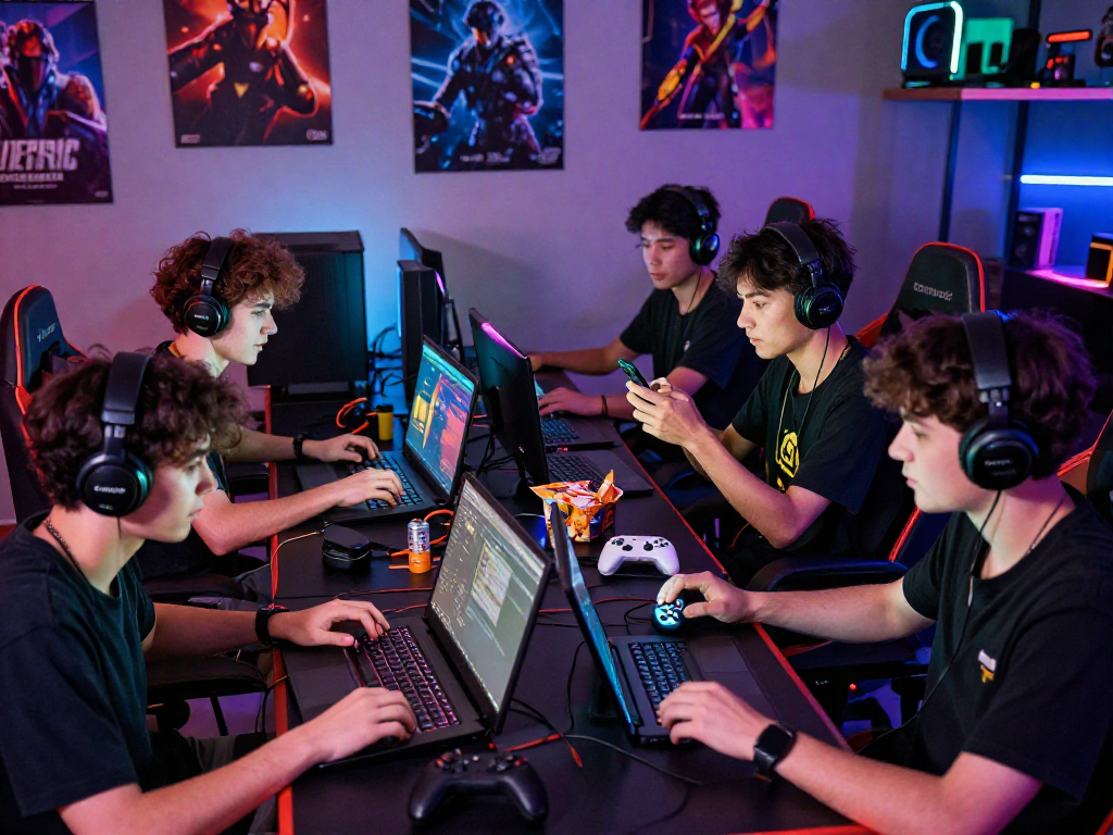 Jogadores animados na SPBET discutindo e jogando online com dispositivos móveis e laptops.