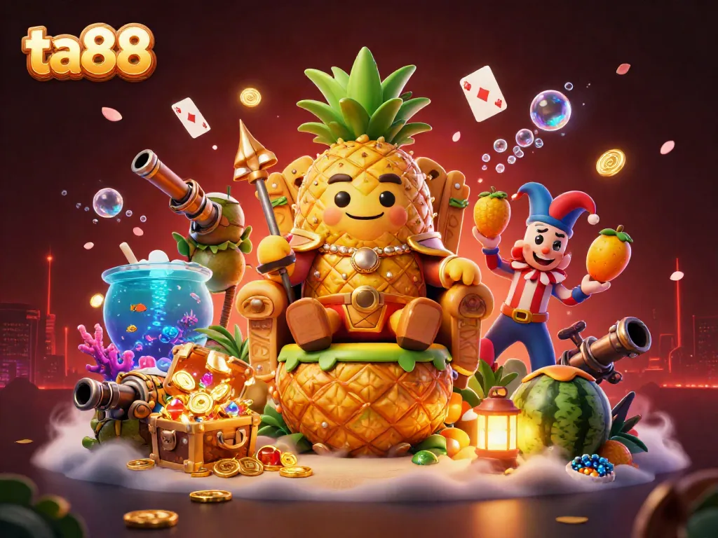 Engage in thrilling gameplay at ta88 with the dynamic scene of a pineapple king ruling a beach casino.