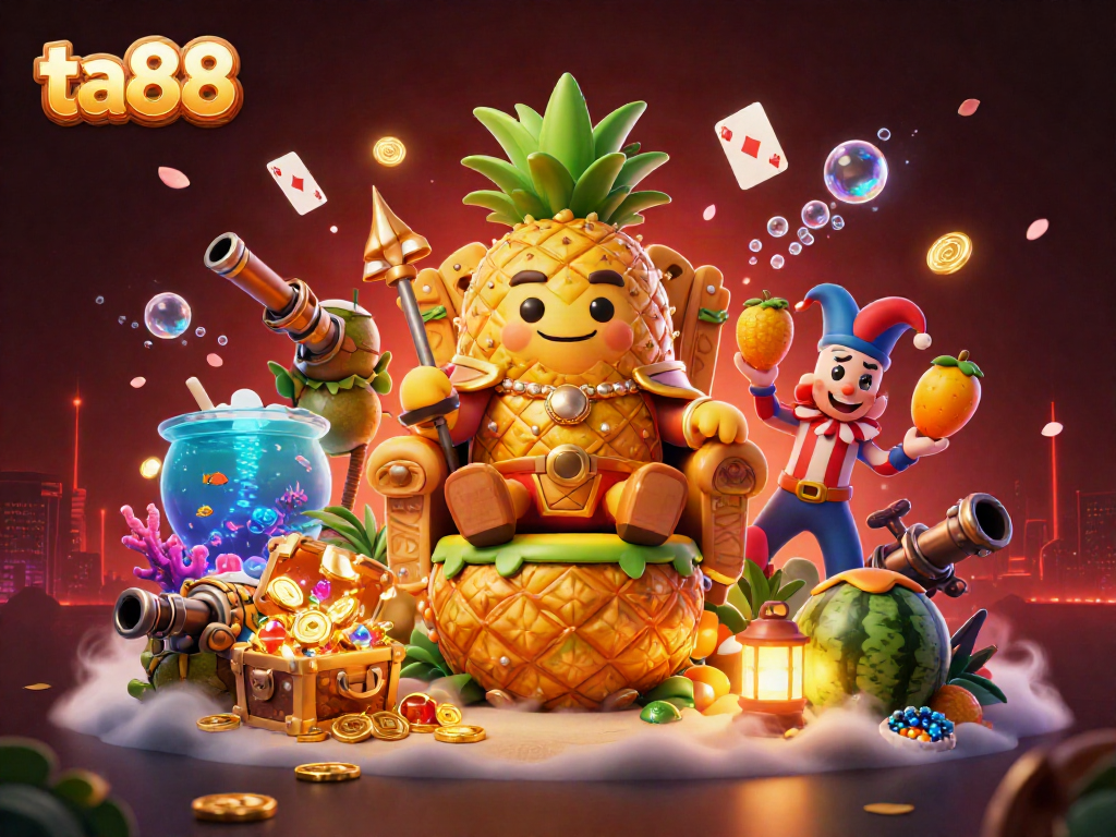 Engage in thrilling gameplay at ta88 with the dynamic scene of a pineapple king ruling a beach casino.