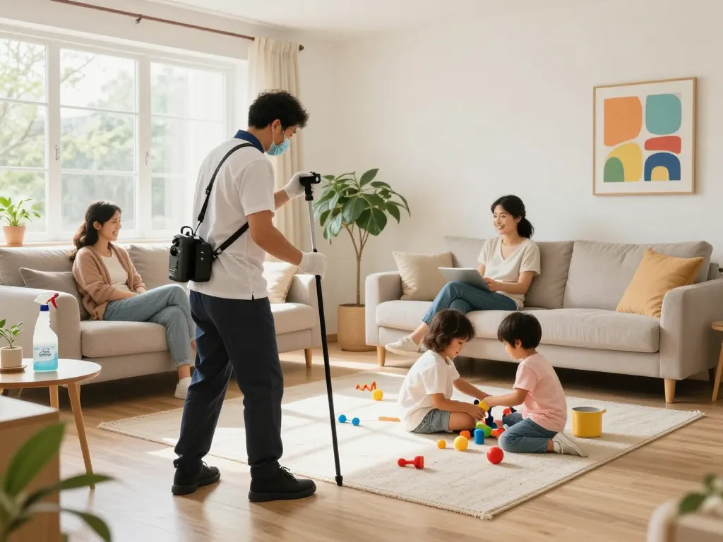 Dedetizadora treatment success in a cheerful home environment with family enjoying peace after pest control.