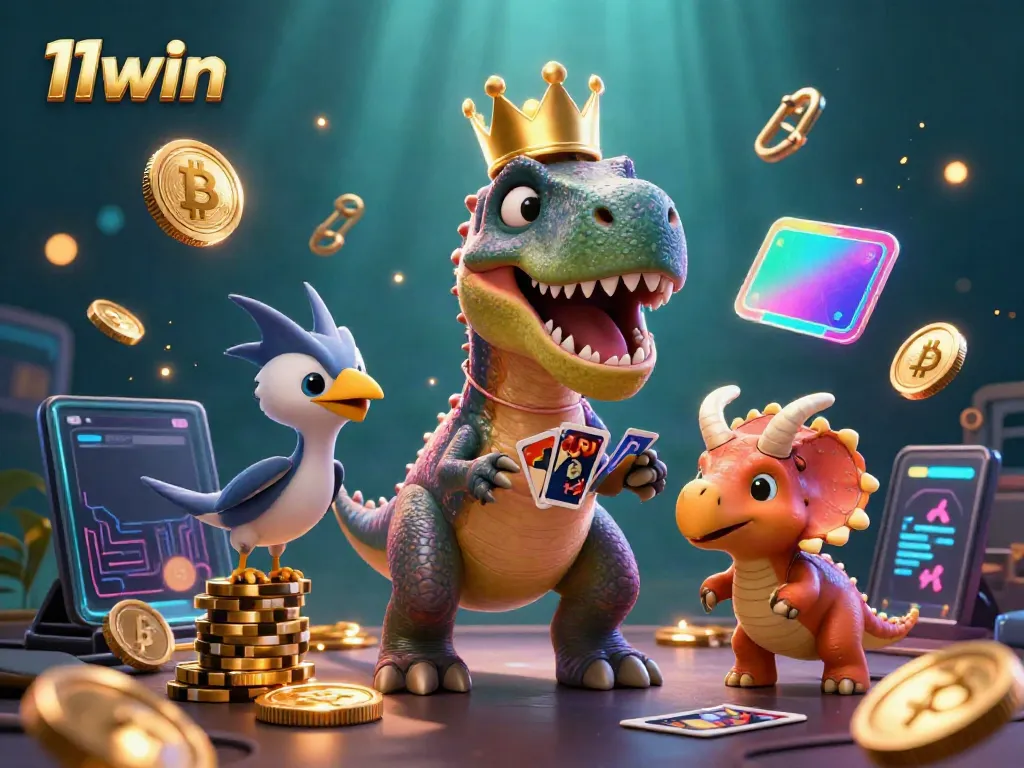 Engage with 11win's vibrant casino scene featuring a T-Rex, pterodactyl, and triceratops amid dynamic gambling elements.