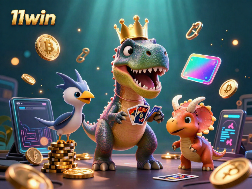 Engage with 11win's vibrant casino scene featuring a T-Rex, pterodactyl, and triceratops amid dynamic gambling elements.