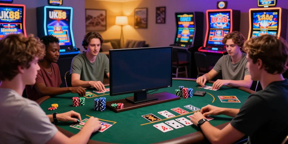 Players enjoying online gaming at UK88, featuring diverse individuals engaged with laptops and vibrant casino paraphernalia.