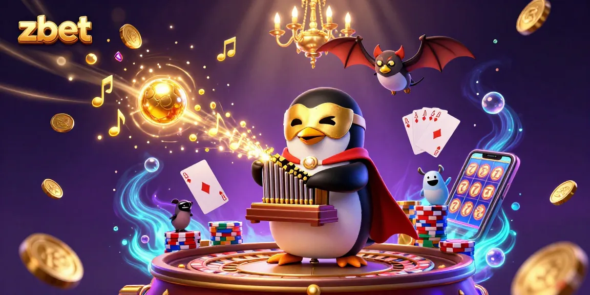 Experience zbet's thrilling 3D casino world with a penguin playing a pipe organ, rich in golden coins.