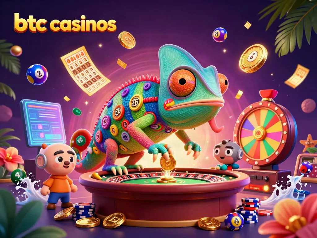 Engage in thrilling gameplay at btc casinos with a vibrant casino scene featuring a chameleon and dynamic gaming elements.