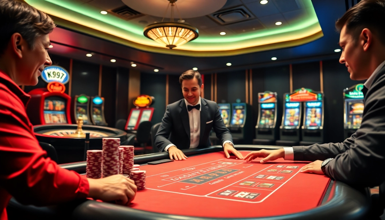Mesa de blackjack K997 com fichas vibrantes e jogadores interativos, proporcionando uma experiência de jogo online emocionante.