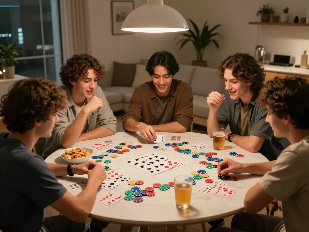 Playing a lively game bài with friends around a round table, enjoying snacks and drinks
