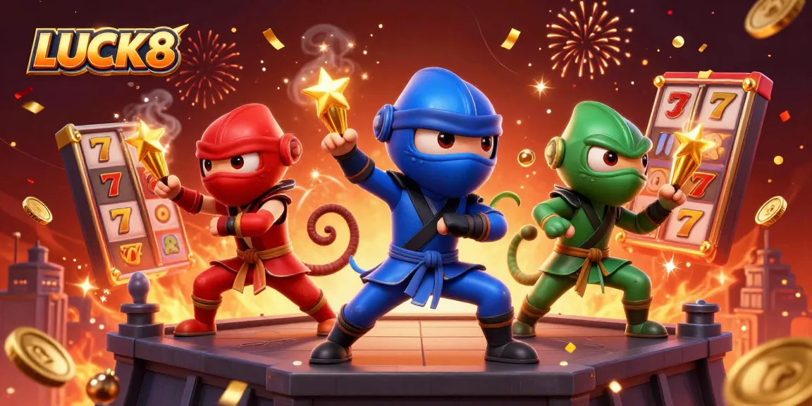 LUCK8 showcases vibrant slot gaming action with colorful chameleons and dynamic casino elements.