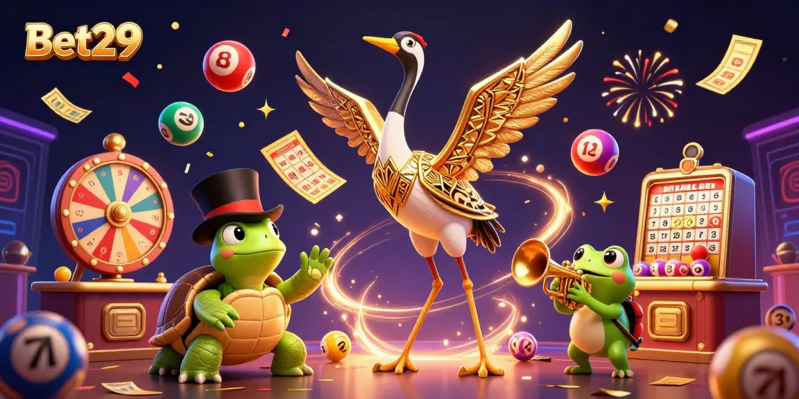 Bet29 offers exciting games amidst vibrant elements like lottery balls and festive confetti.
