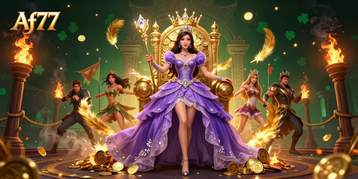 Spin the reels at Af77 with an enchanting princess amidst golden coins and gambling excitement.