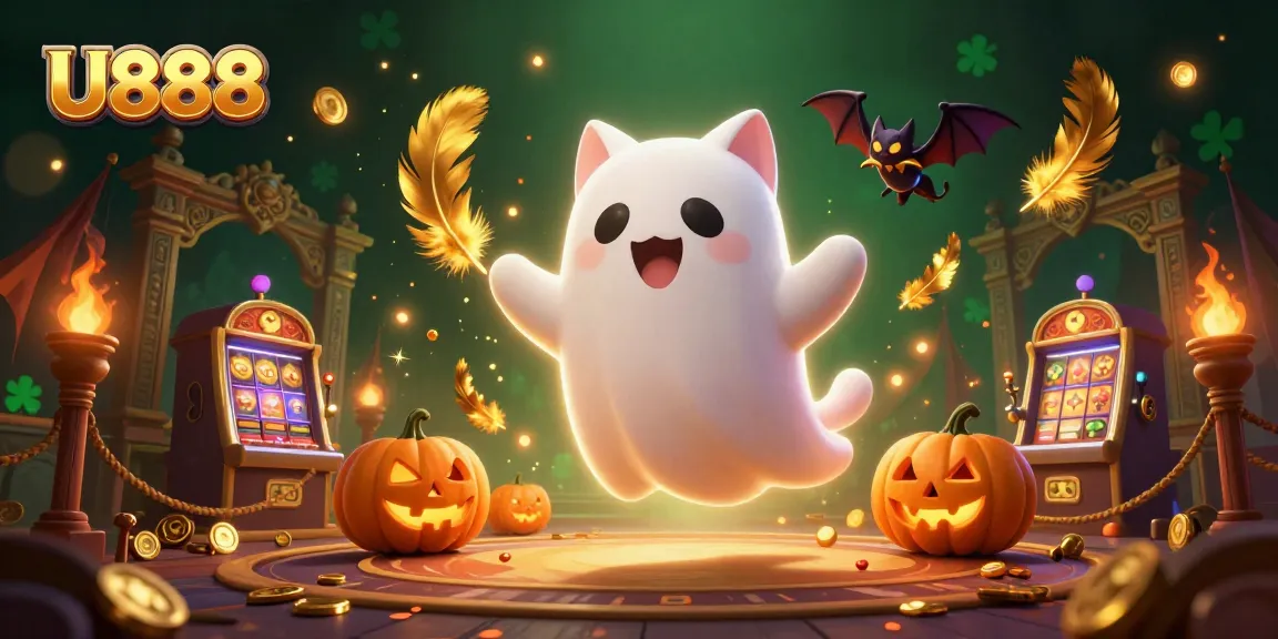 Engage in thrilling bets at U888 with a ghost cat and vampire bat in a haunted casino.