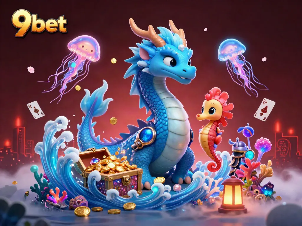 Immerse yourself in the enchanting world of 9bet with vibrant underwater casino elements, featuring a water dragon and seahorse knight.