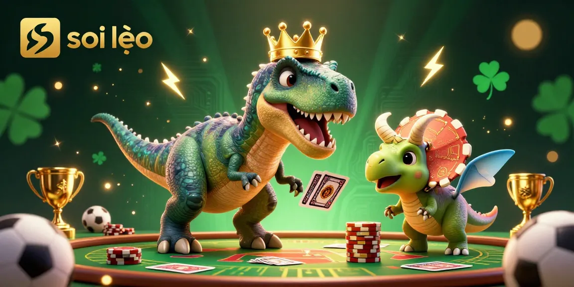 Betting with soi kèo: T-Rex shuffles cards as pterodactyl assists in a vibrant sports scene