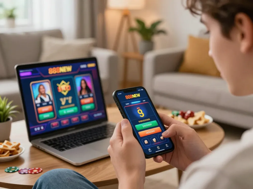 Person enjoying the 888NEW casino app on a smartphone in a cozy living room, showcasing responsible gaming.