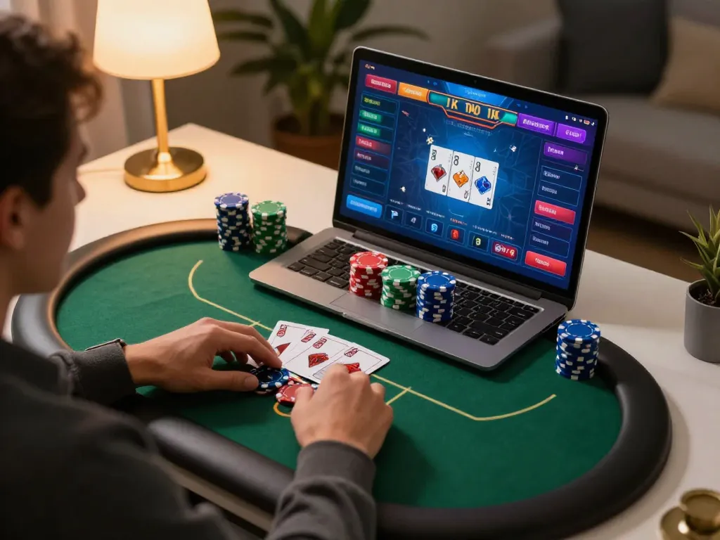 Playing online poker at home on a laptop with rikvip interface, showcasing dynamic gaming environment.
