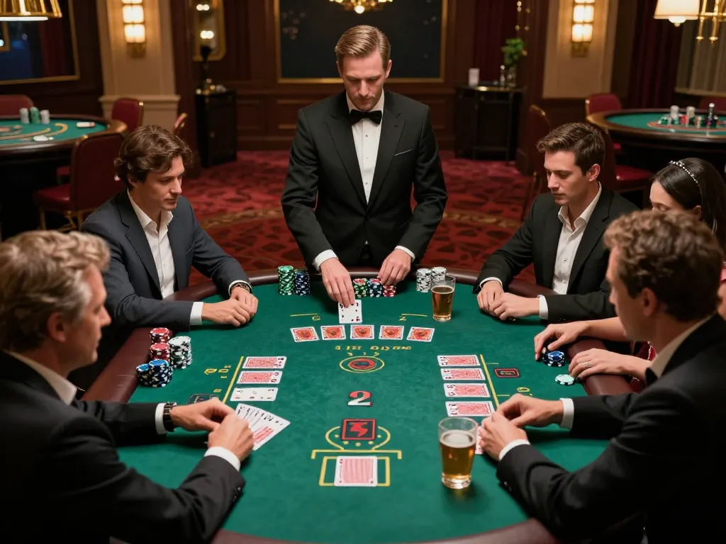Jogo envolvente de blackjack no cassino AAVIP com jogadores concentrados e dealer profissional.