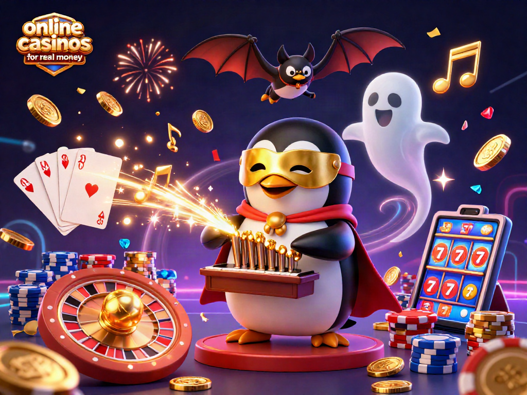 Experience online casinos for real money with a 3D phantom penguin creating a gold coin spectacle.