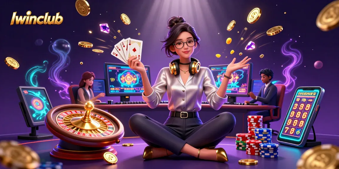 Iwinclub's engaging gaming scene showcases an Asian woman expertly navigating casino games, surrounded by dazzling coins and cards.
