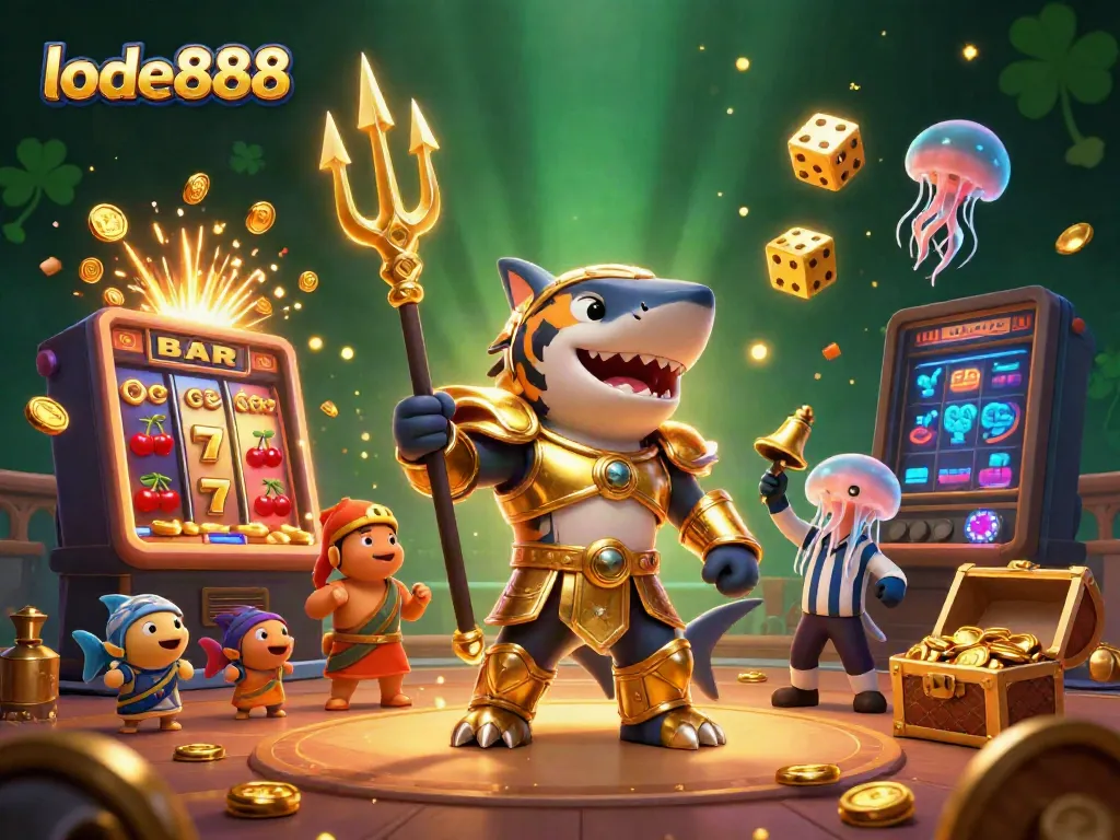 Experience thrilling lode888 action with a shark gladiator, slot explosions, and prize scenes.