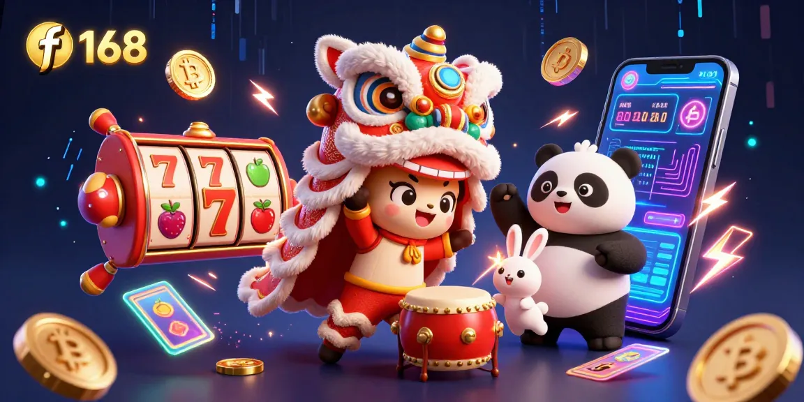 Experience exciting gameplay with f 168's vibrant lion dance and festive casino elements.