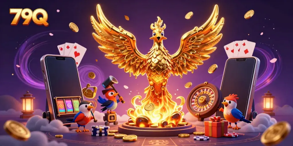 79Q casino phoenix illustration, showcasing spinning slot games and floating golden coins in a vibrant scene.