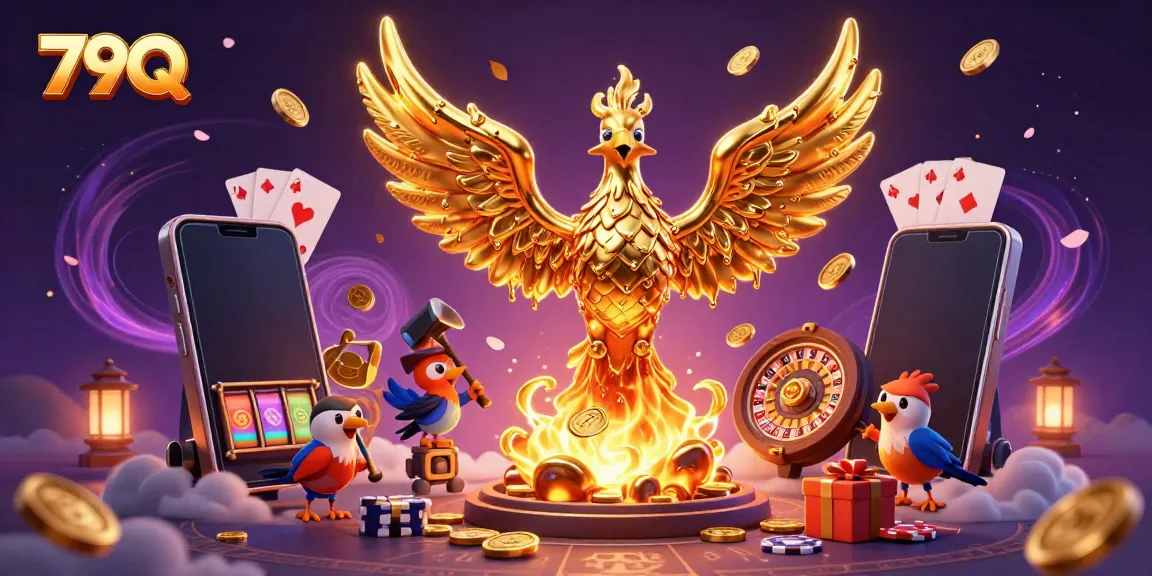 79Q casino phoenix illustration, showcasing spinning slot games and floating golden coins in a vibrant scene.