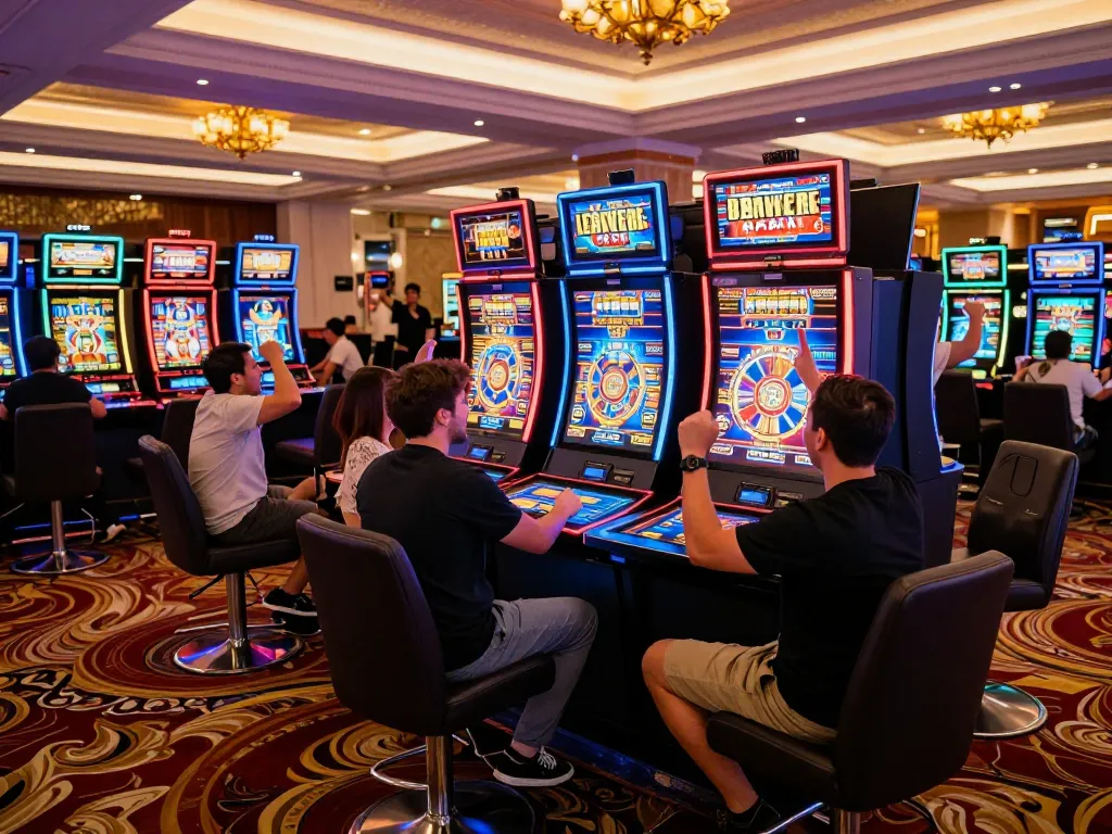 Players enjoying nk88 slots and celebrating wins in a vibrant casino atmosphere