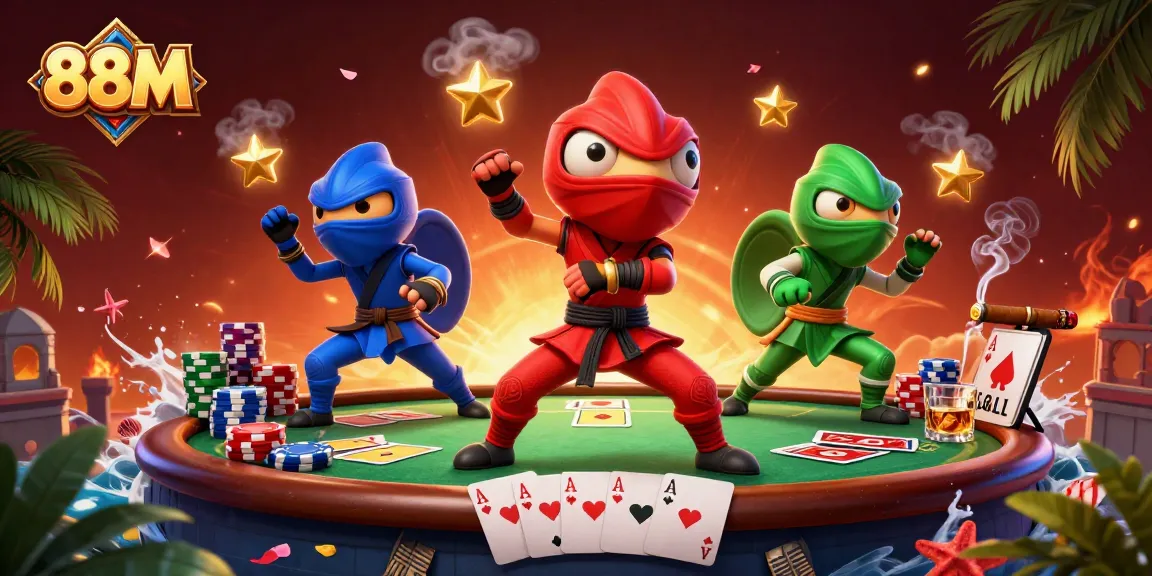 Engage with the dynamic 88M casino experience featuring colorful ninja chameleons in action, surrounded by poker elements.