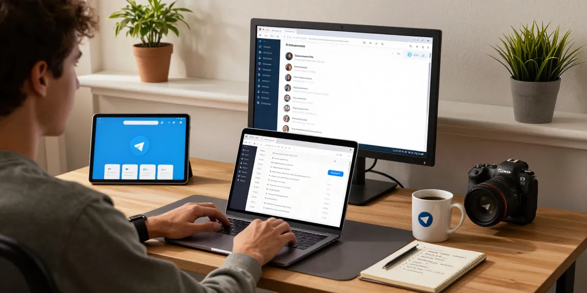 Engaging user exploring the Telegram Web Version on a laptop in a modern workspace.