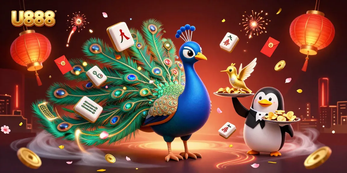 Play slots at U888, showcasing a vibrant 3D scene with a peacock, penguin, and hummingbird surrounded by casino games.