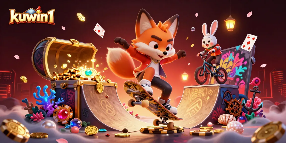 kuwin1 engages viewers with a lively casino-themed illustration featuring fox and rabbit characters.