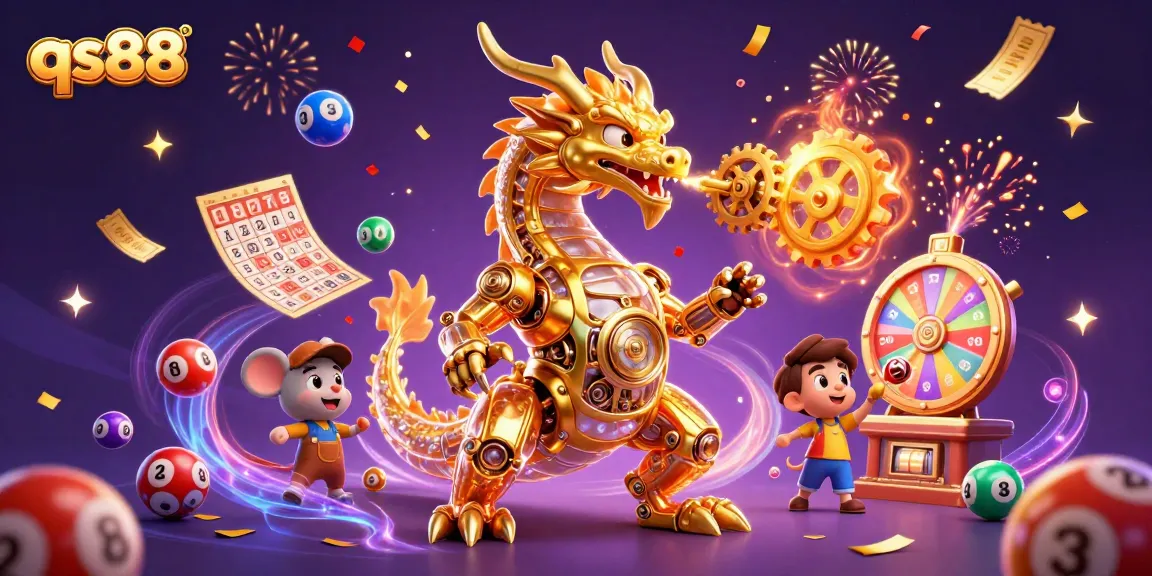 Experience exciting gameplay at qs88, featuring colorful lottery elements and a dragon with clockwork internals.