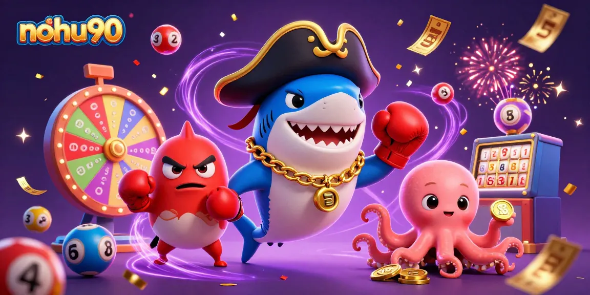 Nohu90 showcases a dynamic 3D scene with a shark, pufferfish, and octopus immersive in thrilling gambling elements.