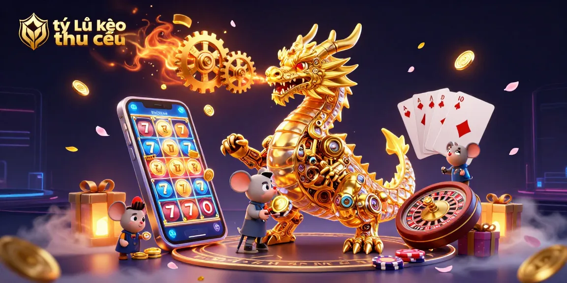 Capture winning moments with tỷ lệ kèo nhà cái illustrated by a golden dragon and gaming elements.