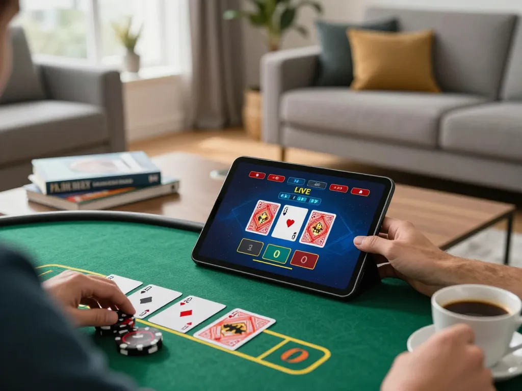 Engaged player using x333 to play live dealer blackjack on tablet in a cozy home