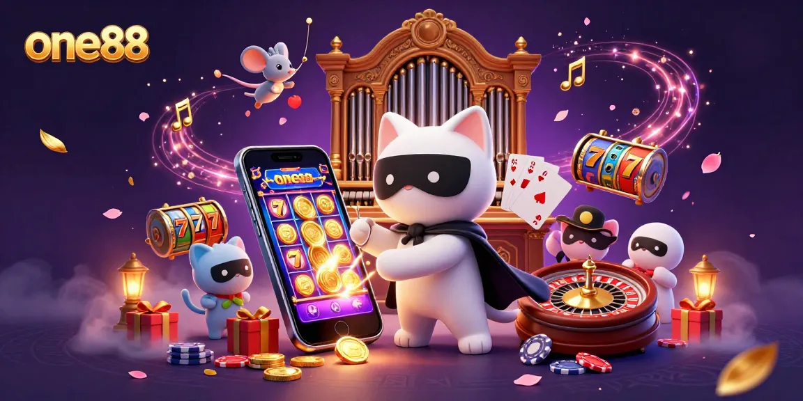 one88 slot game excitement with a whimsical cat at a casino organ, featuring vibrant game elements