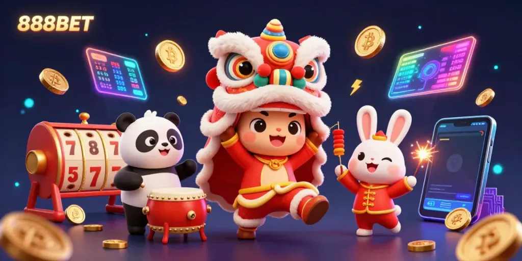 Experience the thrilling world of 888BET with a dynamic lion dance scene and vibrant gaming elements.