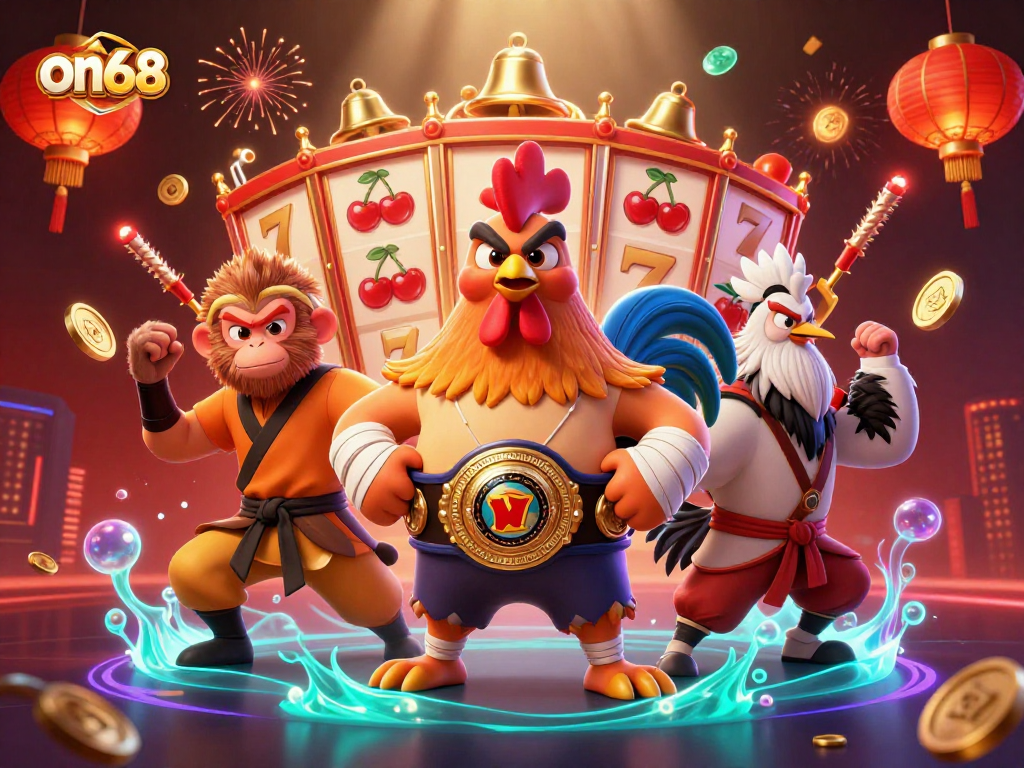 Experience thrilling gaming action at on68 with vibrant characters and dynamic casino elements.