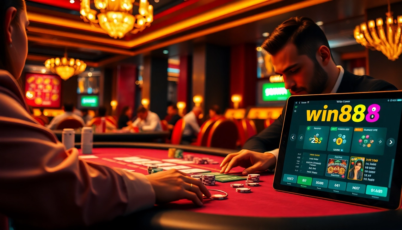 Win88 players enjoying a thrilling poker game at a luxurious casino table.
