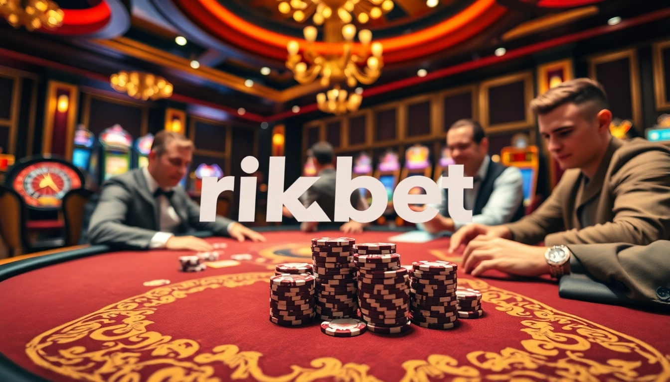 Engage with the thrill of rikbet by placing bets at an exquisite poker table amidst a lively casino atmosphere.