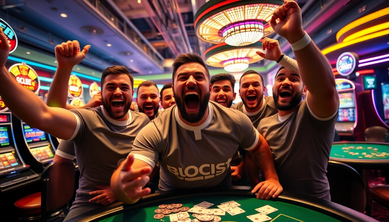 Pari sportif rugby dans un casino animé avec des joueurs célébrant une victoire.