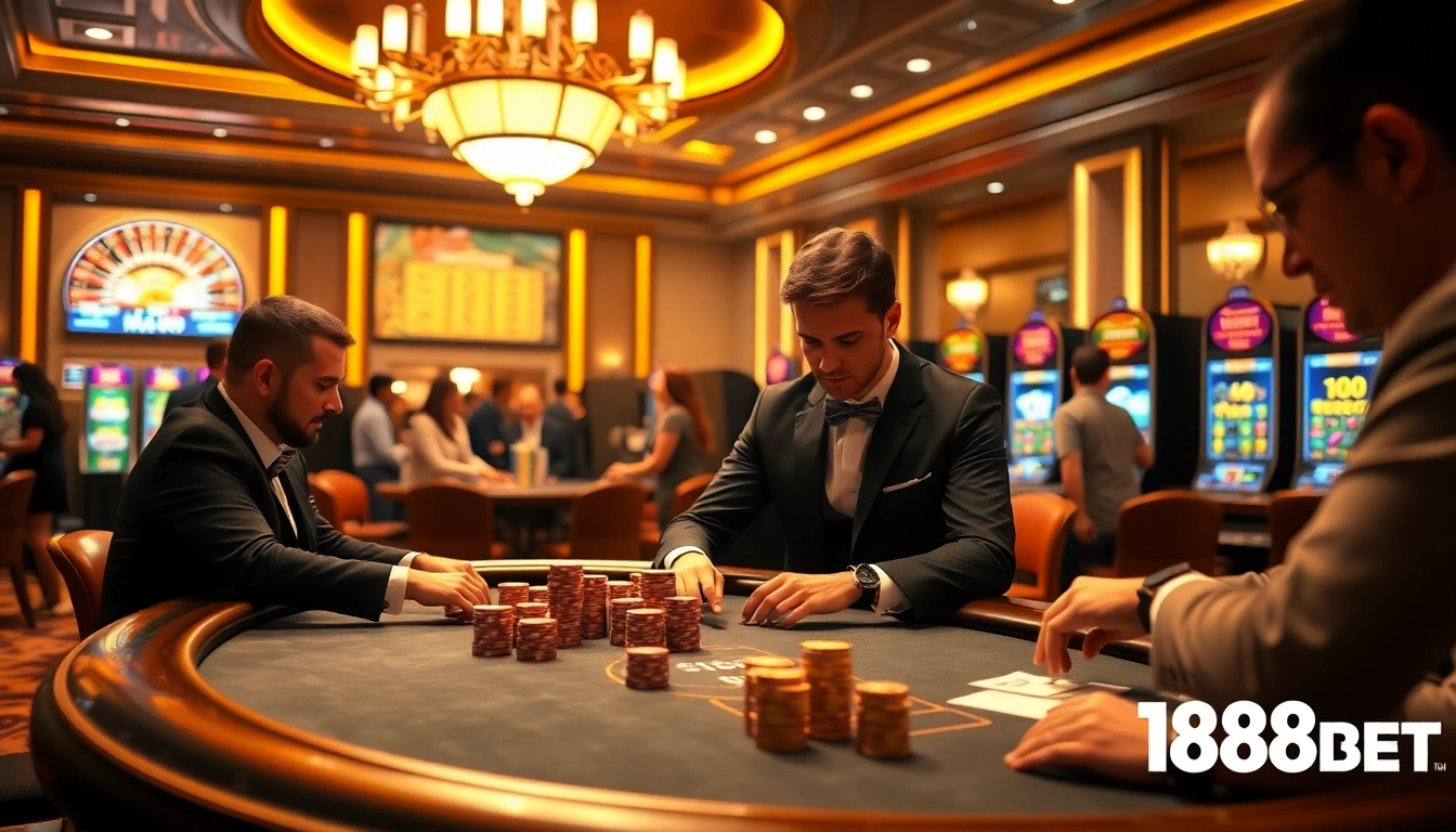 Experience the thrill of gambling with link vào 188bet, featuring a passionate poker game amidst a vibrant casino atmosphere.