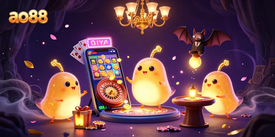 Play exciting games at ao88 with glowing glowworms in a vibrant cave casino scene.