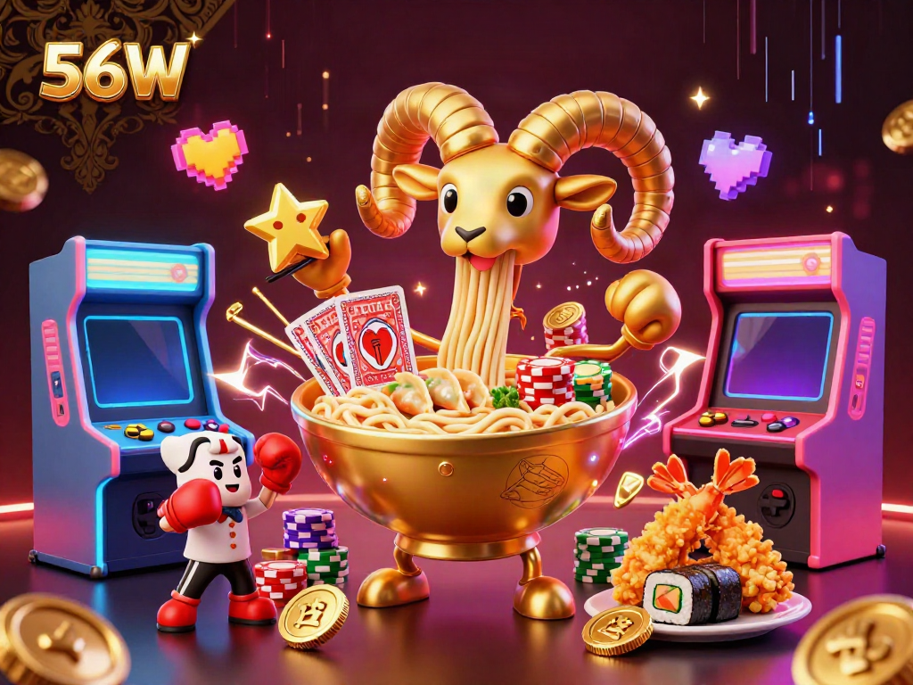 Experience the colorful excitement of 56W with a vibrant animated scene featuring unique gaming characters.