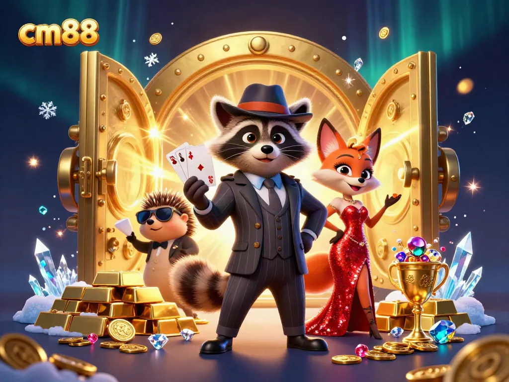 Experience the thrill of cm88 with a raccoon holding a royal flush amidst a treasure-filled casino scene.