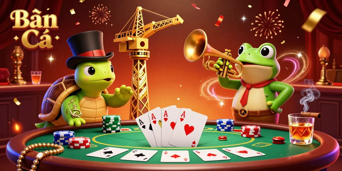 Bắn Cá gameplay scene featuring a 3D crane, turtle, and frog amidst poker chips and cards.