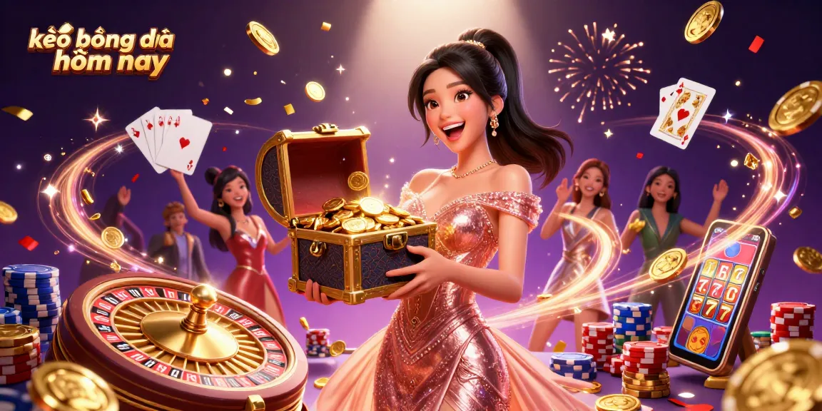 Experience thrilling betting action with kèo bóng đá hôm nay, featuring a joyful woman revealing treasures of golden coins and sparkling gems.