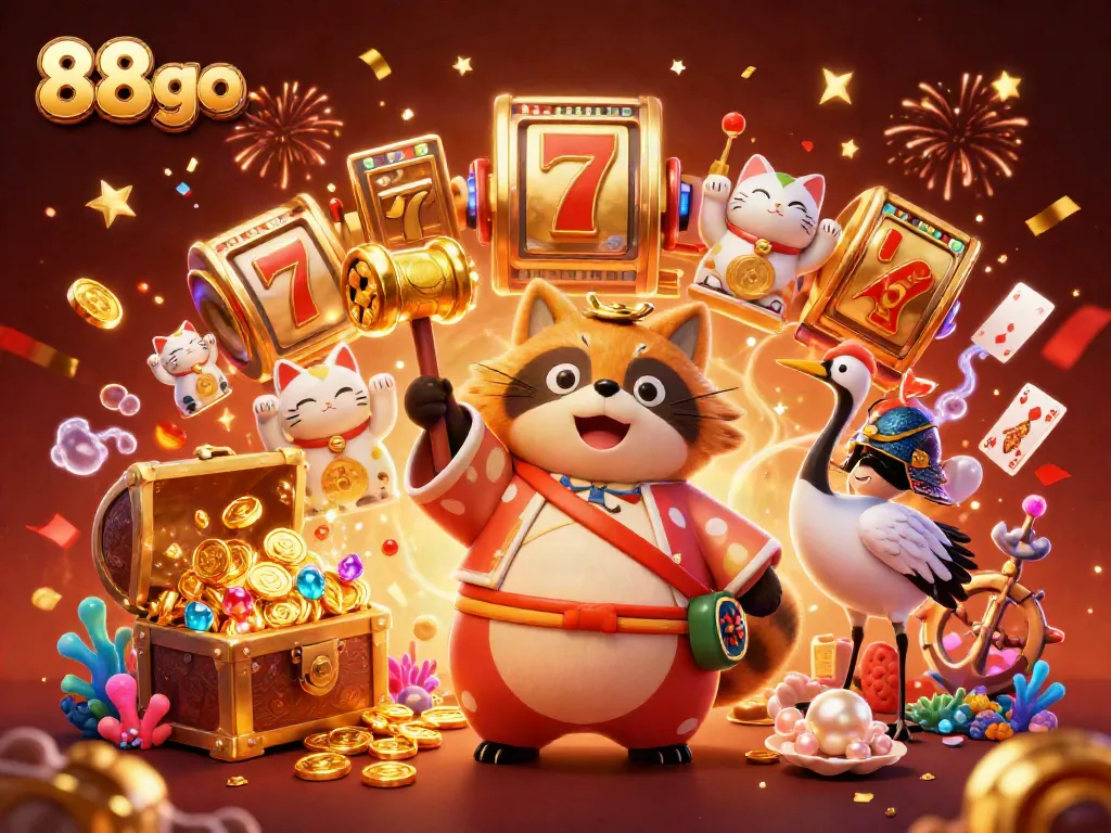 Spin the reels and win big with 88go, featuring raccoon characters in a festive casino scene.