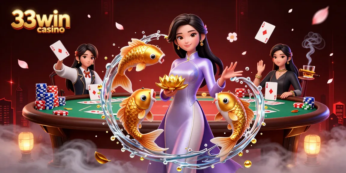 Experience the thrill of 33win casino with an elegant scene showcasing poker elements and alluring visuals.